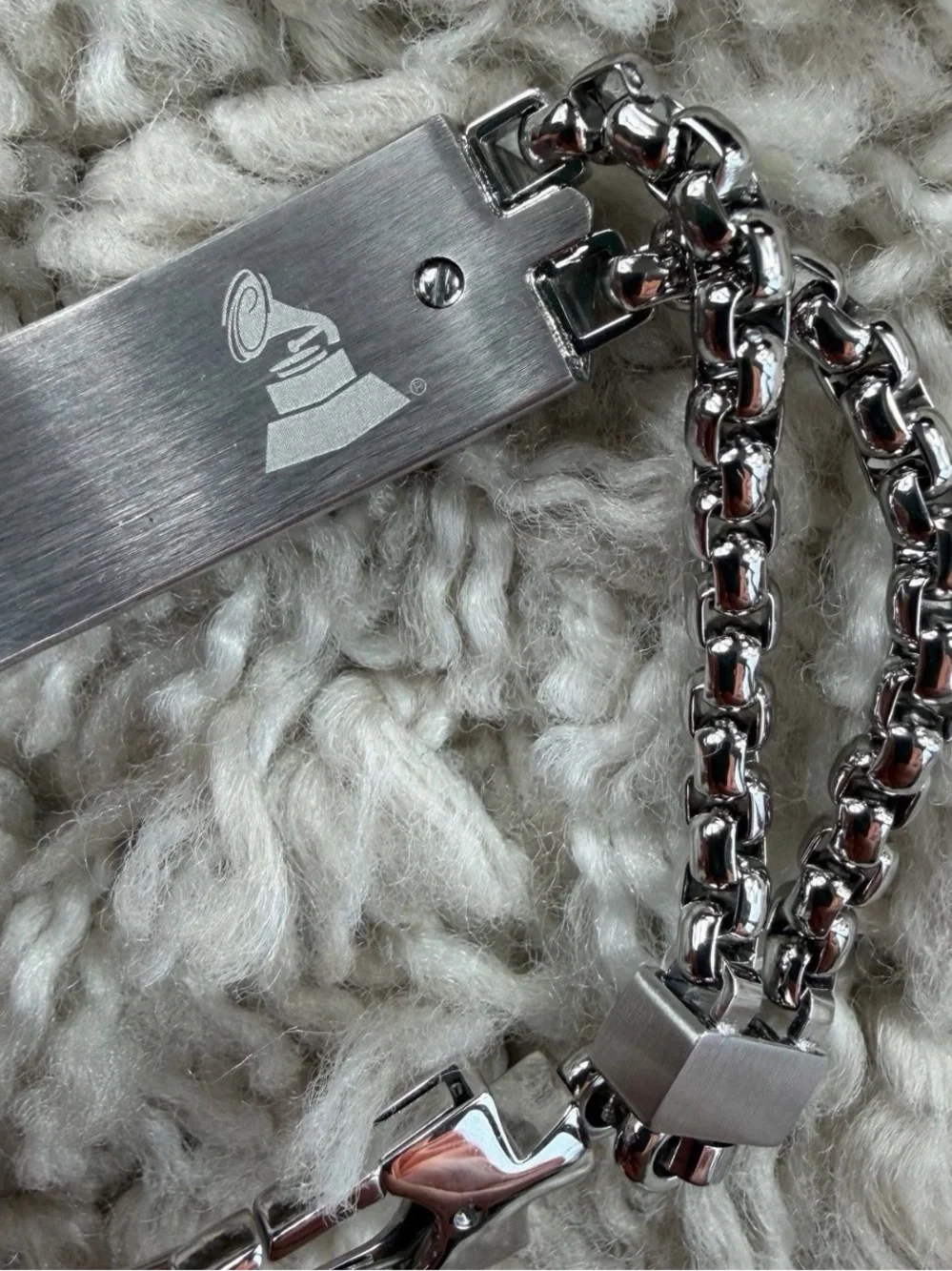 Bulova Silver Bracelet with Rose Gold Accents and Black Carbon Fiber Inlay